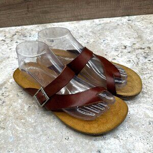Yokono Sandals Womens Size 9 Cognac Leather Toe Loop Slides Adjustable Buckle